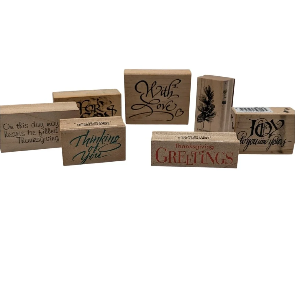 Vintage Wood Mounted Rubber Stamp Set Holidays Sayings Craft Seven Piece Set SEE